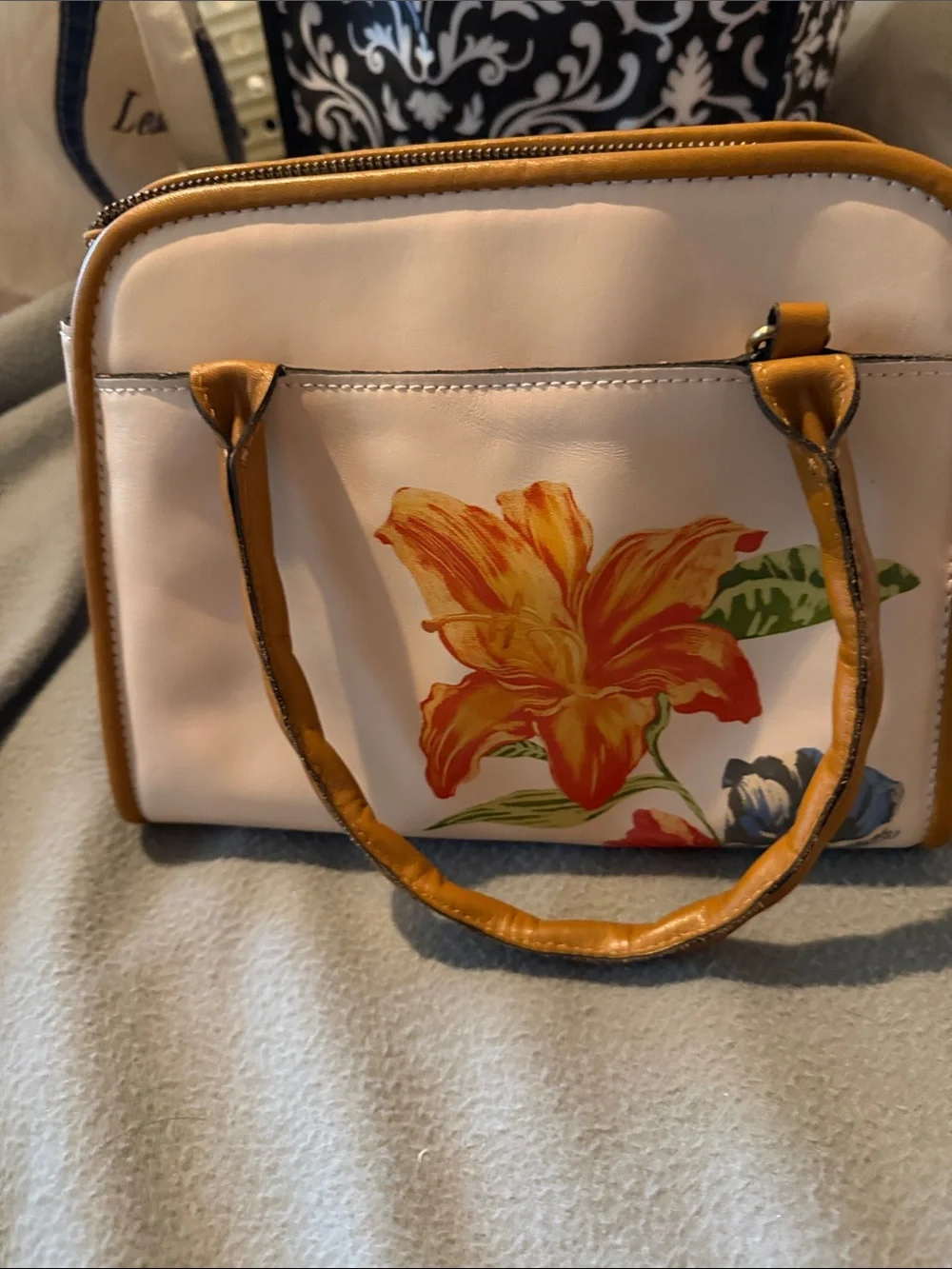 Patricia Nash Cream Satchel with Floral Print and Tan Handles